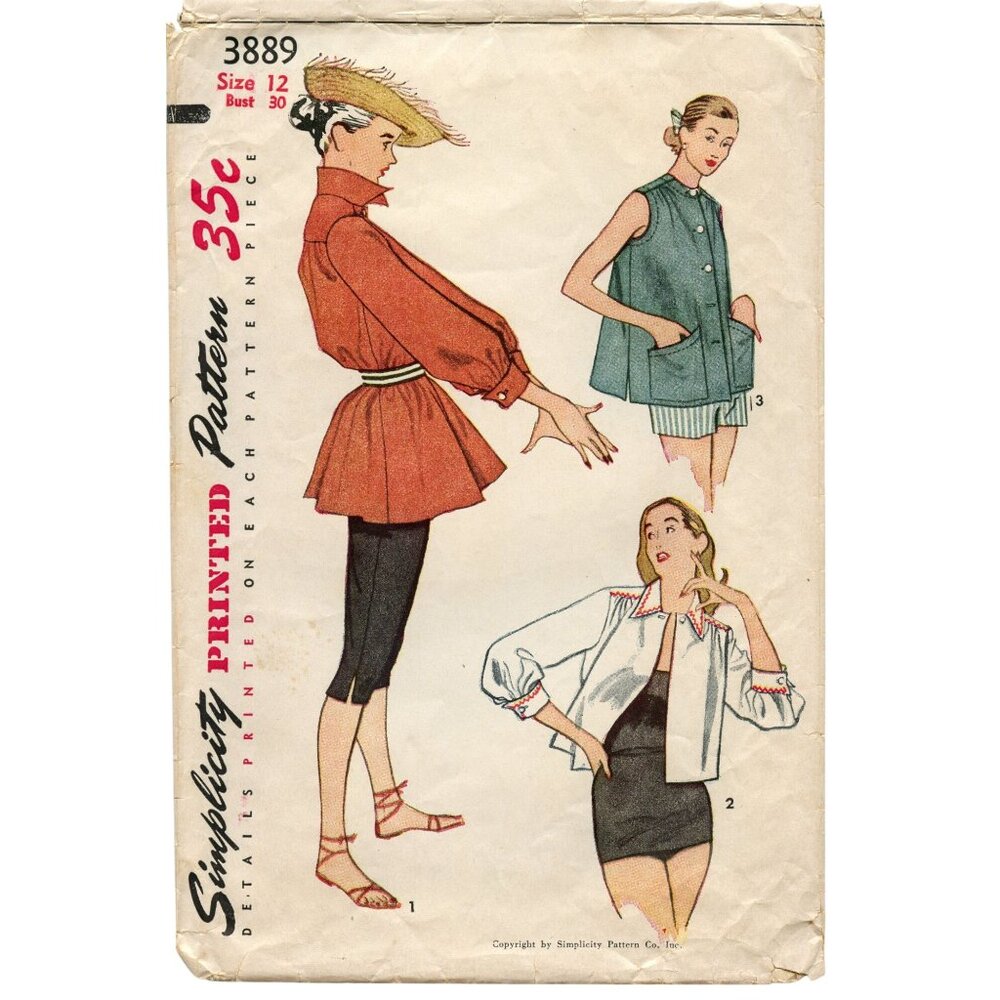 Simplicity 3889 Misses Beach Shirt Pattern Size 12 Bust 30 3 Length Styles 1950